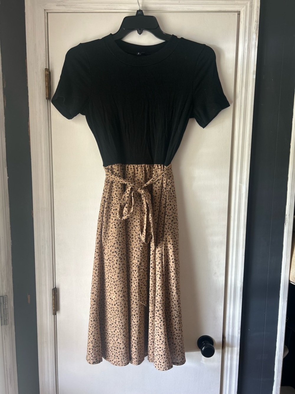 Black Ribbed Top with Tan Leopard Print Tie-Waist Skirt